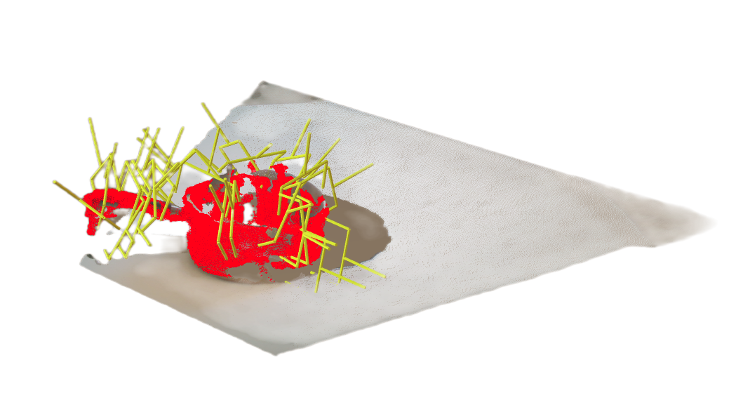 A visualization of the segmented pointcloud (red) of a pot registered to one of the input RGB-D views.